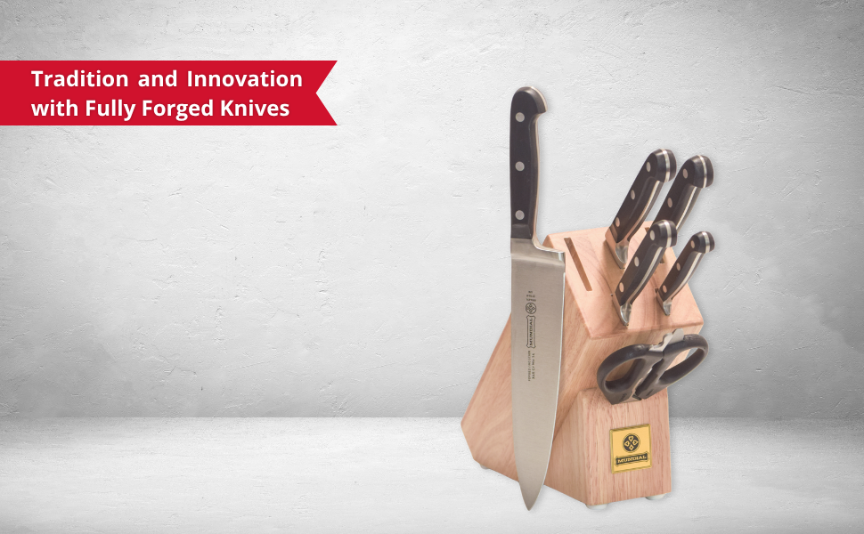 Kitchen knife set, forged knives, ergonomic design, wood block, Mundial cutlery.