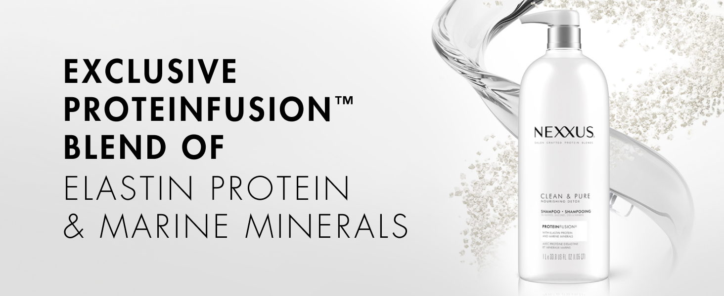 Nexxus Clear &amp; Pure shampoo pump bottle surrounded by liquid and protein particles, next to text.