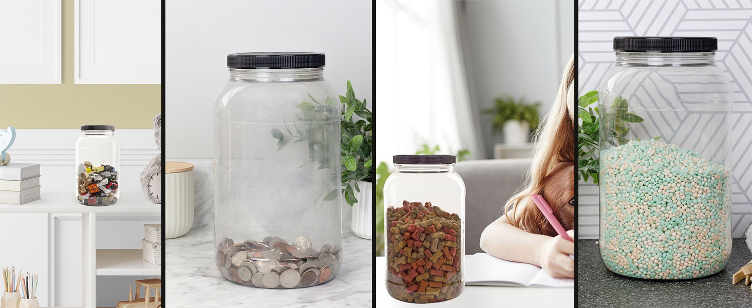 Economy Pack of Two Large 1-Gallon Plastic Jars with Black Ribbed Lids variety of uses