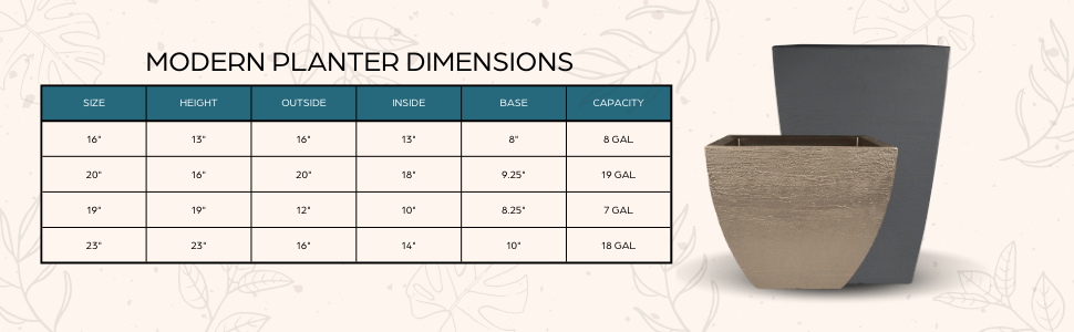 Modern Planter Dimensions Chart