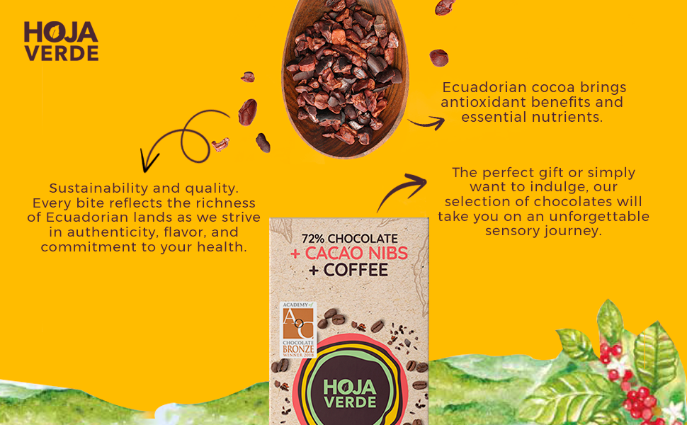 Hoja Verde Dark Chocolate Nibs Chips Organic Non GMO Cacao Vegan Holiday Gifts Ecuador