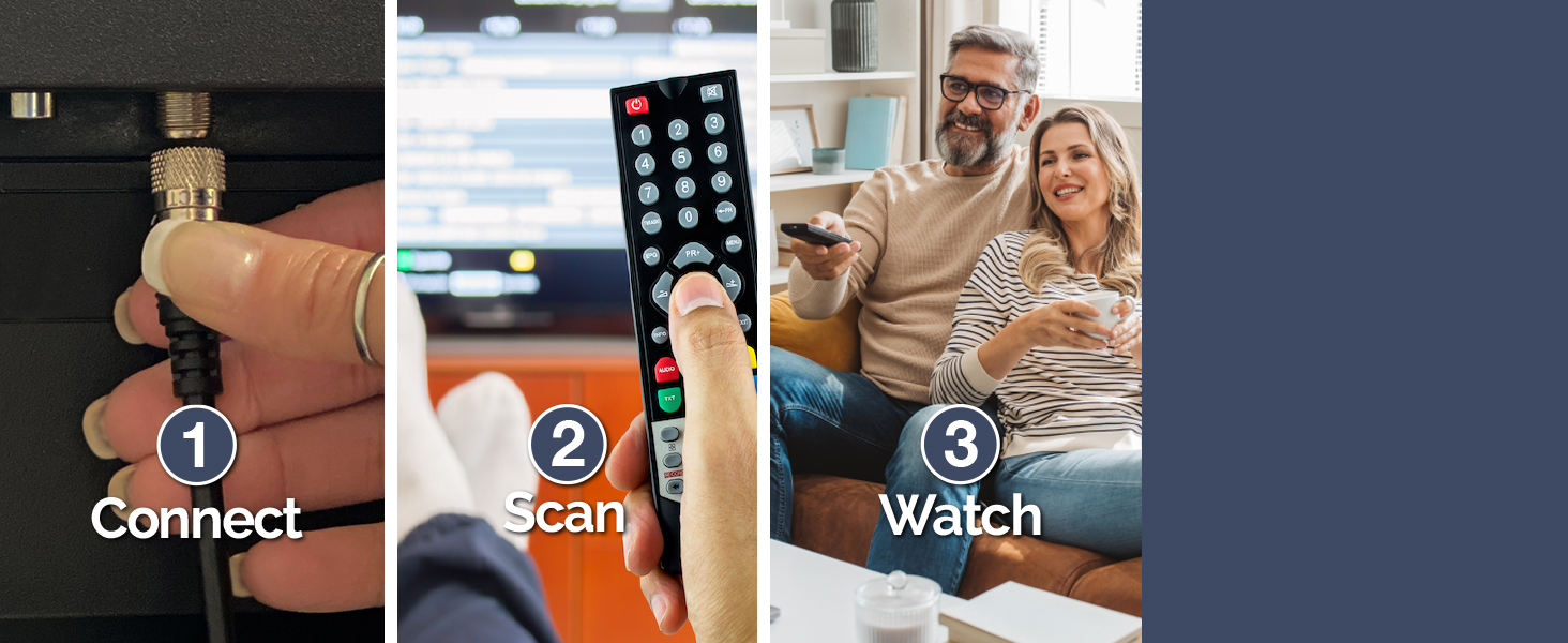 Watching free TV with a TV antenna is easy, just connect the coaxial cable, scan for channels, enjoy