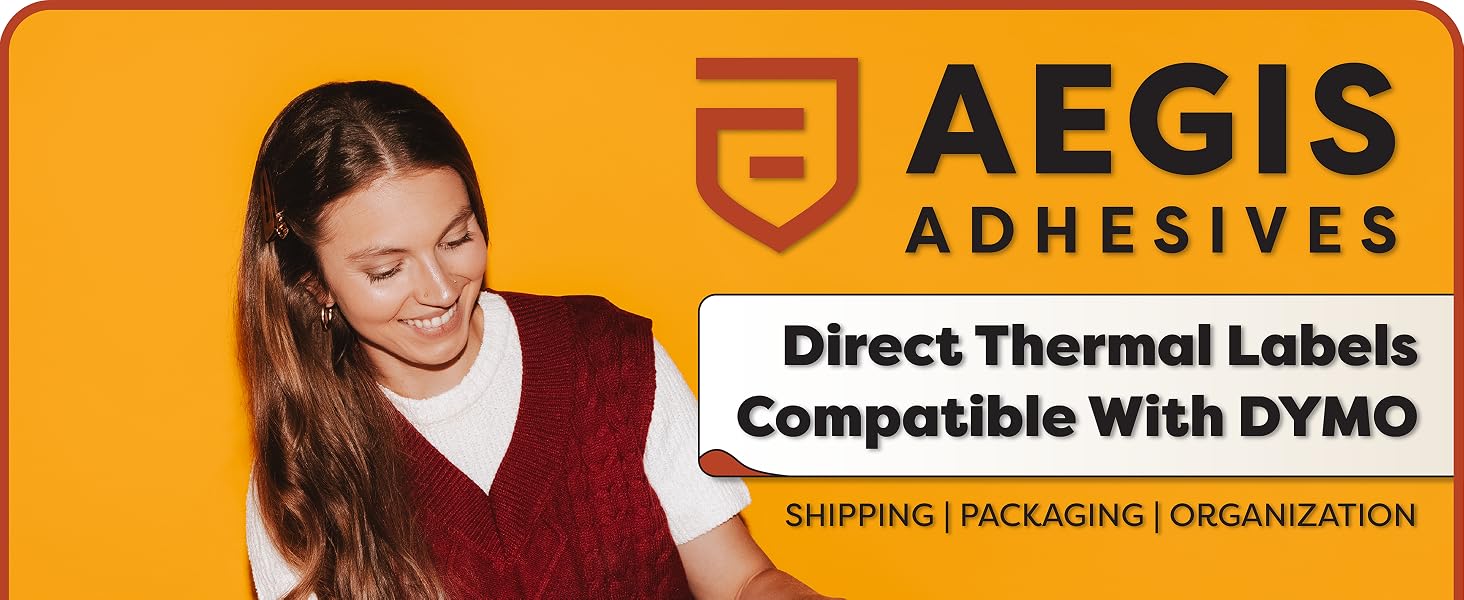 The Aegis Adhesives logo and the text Direct Thermal Labels Compatible With DYMO Printers.