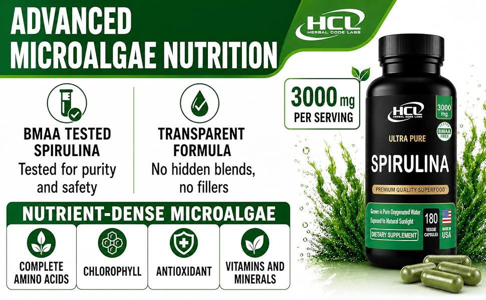Spirulina chlorella supplement, 3000 mg algae capsules, plant-based greens