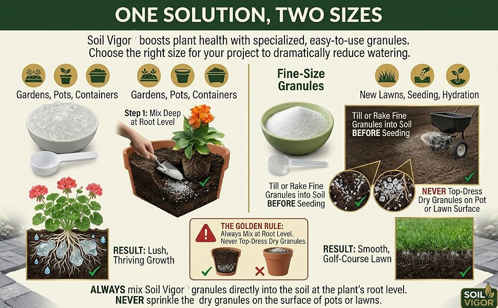 A guide to Soil Vigor's two granule sizes. Large for gardens and pots, fine for new lawns.