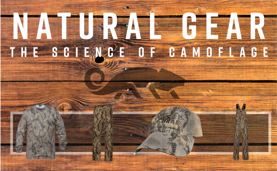 Wood backdrop and hunting gear products; text reads: “Natural Gear, the science of camouflage”