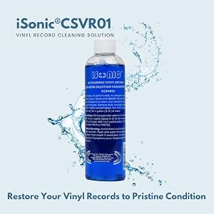 Close-up of iSonic CSVR01 vinyl record cleaning solution bottle with a water splash