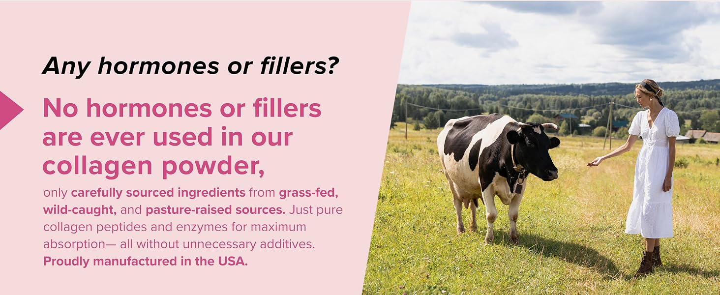 Grass-fed pasture-raised collagen powder, no hormones or fillers, wild-caught, made in USA