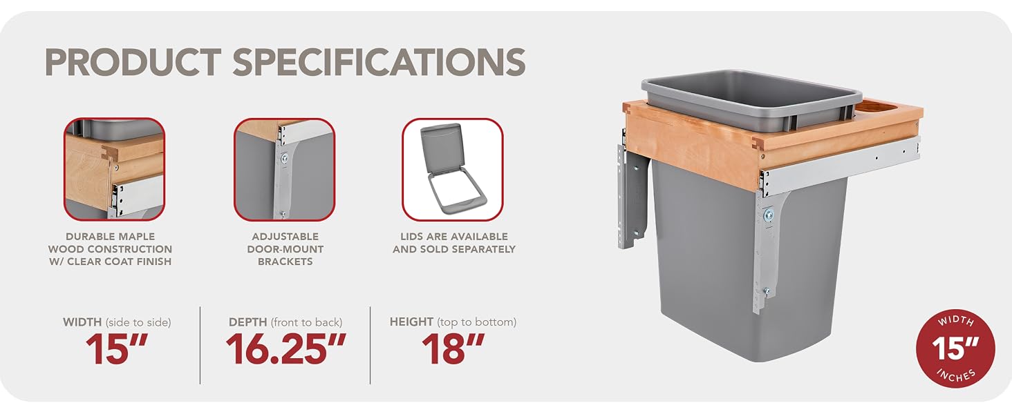 Product specifications showing maple wood frame waste container.