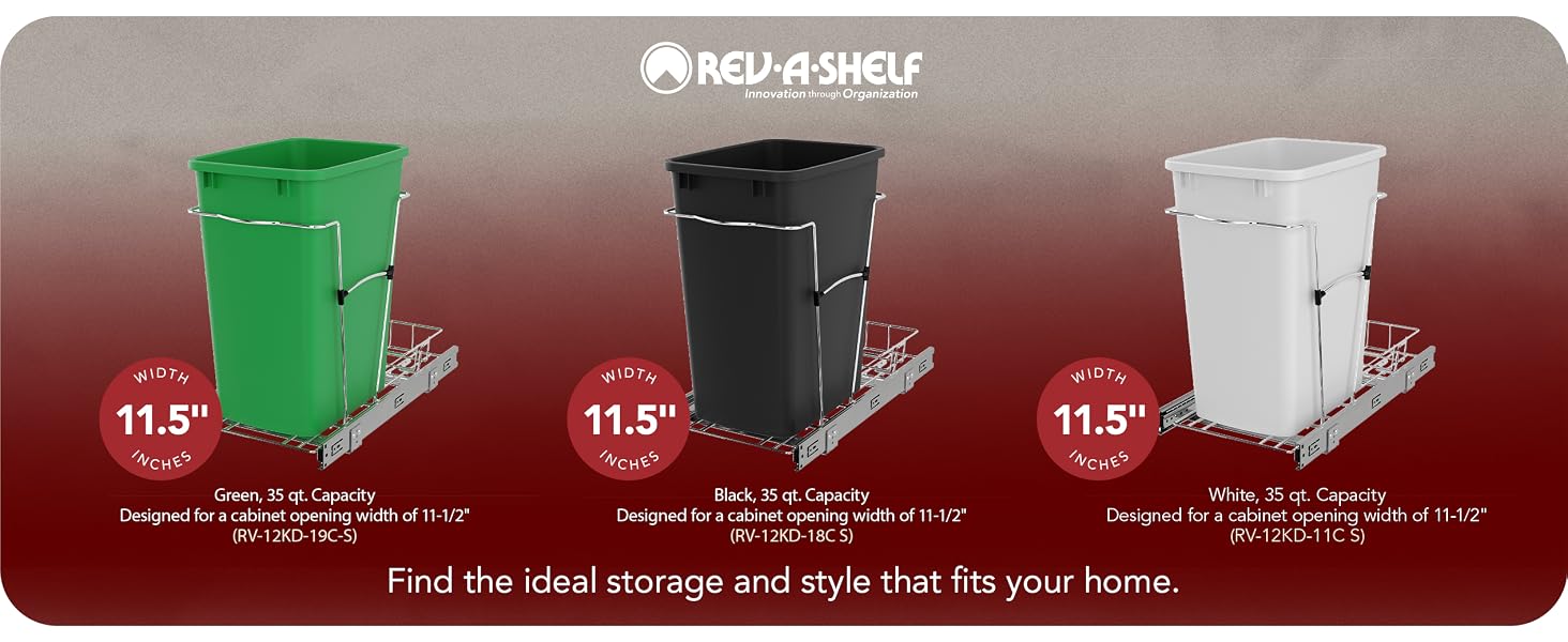 The different sizes and types of the Rev-A-Shelf under counter trash can system.