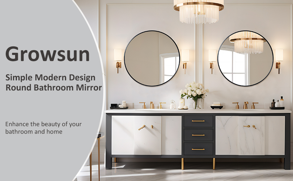 Growsun Round Mirror, Black Bathroom Mirror for Wall