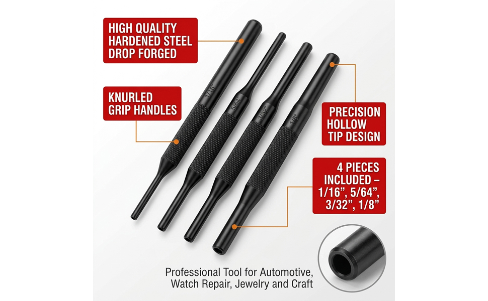 Gotical 4 -Pieces Roll Pin Punch Set and with Free Pivot Pin - Pieces Bolt Catch