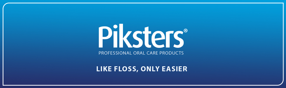 Text reads 'Piksters' and 'LIKE FLOSS. ONLY EASIER.' Blue banner with white text displaying brand name and tagline for dental product.