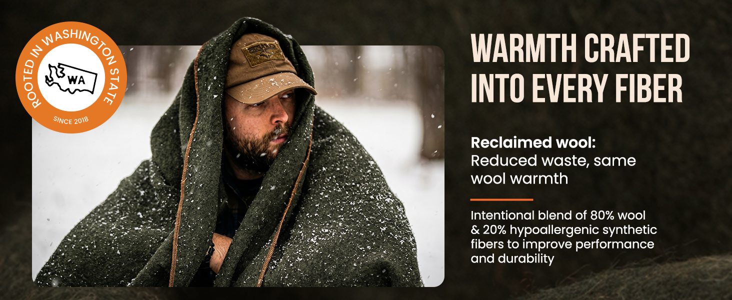 Person wrapped in a reclaimed wool outdoor blanket