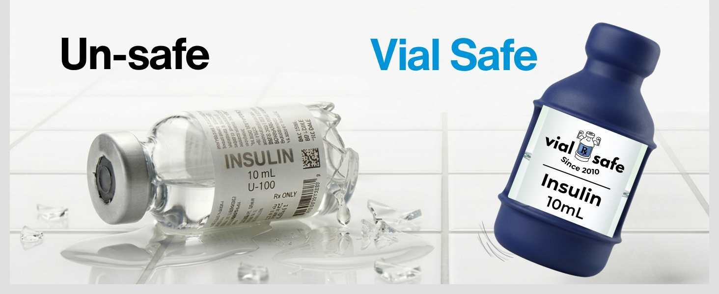Unprotected glass insulin vial cracks vs intact vial in a Vial Safe insulin vial protector cover