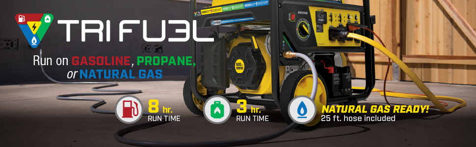 Runs for 8 hours at 50% load when the 7.7-gallon fuel, on propane runs for 3 hours at 50% load