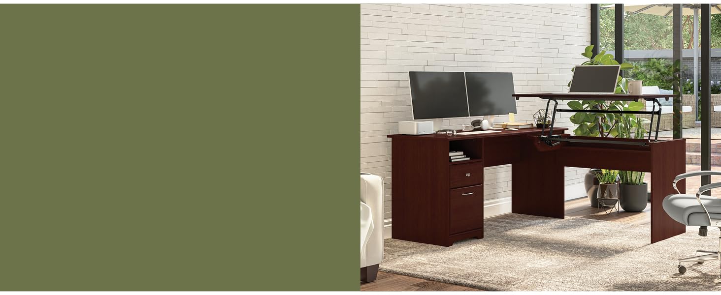 sit stand desk height adjustable standing l shaped corner ergonomic home office cabot bush furniture
