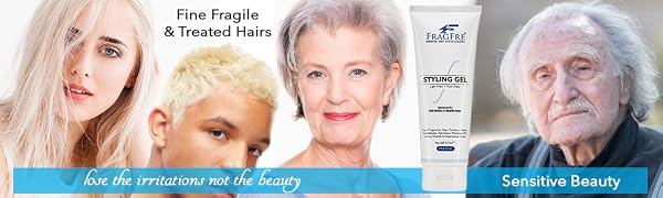 Photos of fine treated and colored hairs showing fragfre light hold styling gel