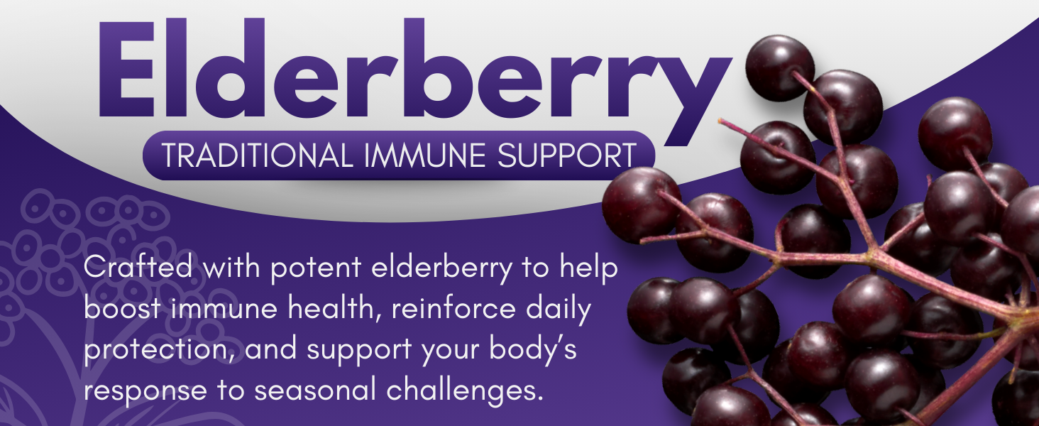 Elderberry ingredient graphic with fresh elderberry clusters on a purple background.