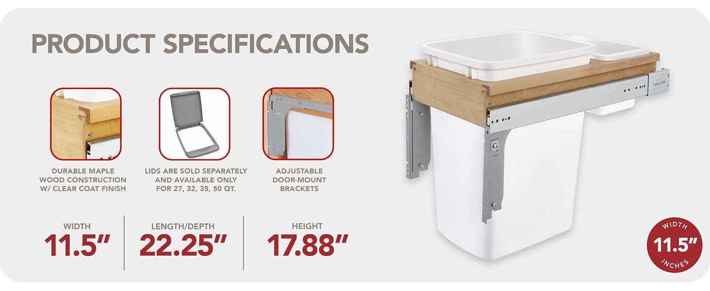 Rev-A-Shelf Single Pullout Top Mount Trash Can 35 qt., White, 4WCTM-12DM1-175