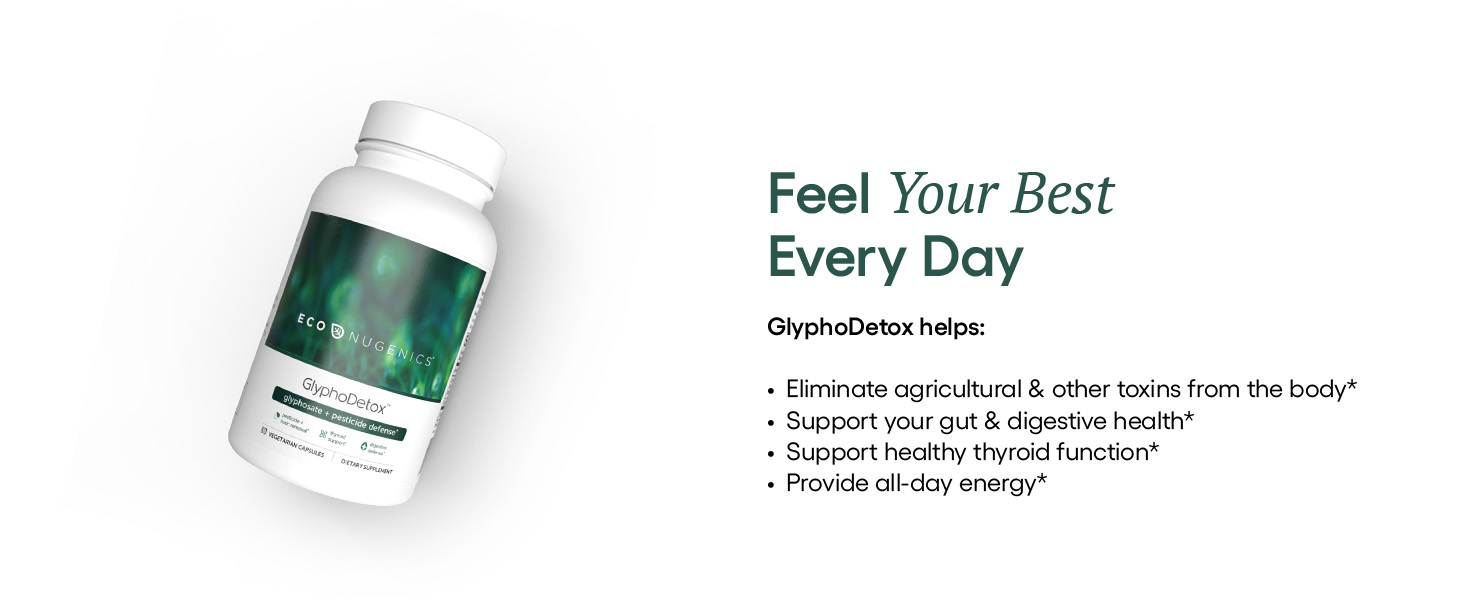 Bottle of glyphoDetox energy boosting supplements
