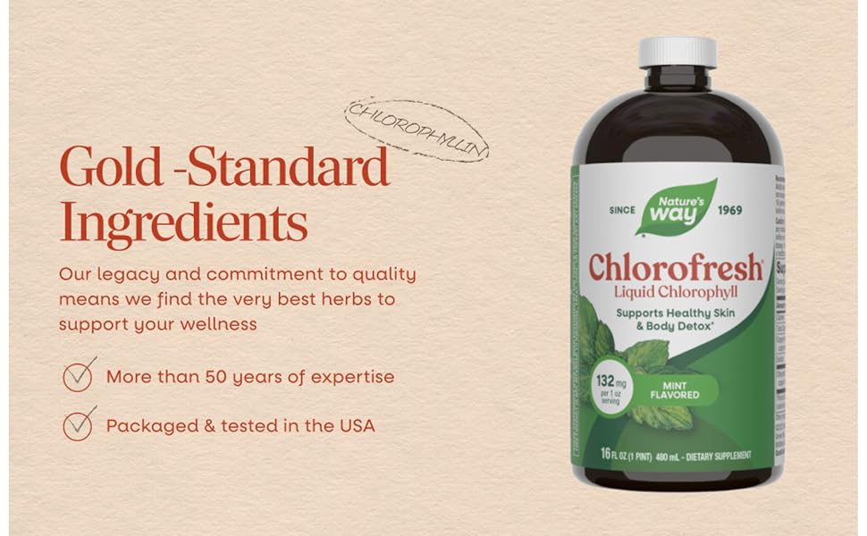 Bottle of Chlorofresh Liquid Chlorophyll next to text