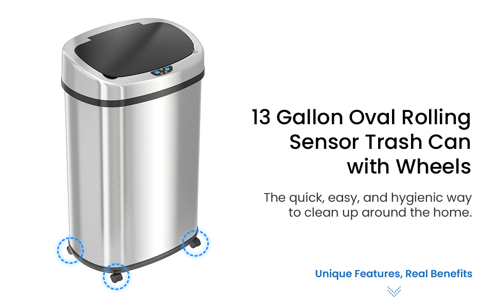 13 Gallon Oval Rolling Sensor Trash Can with Wheels