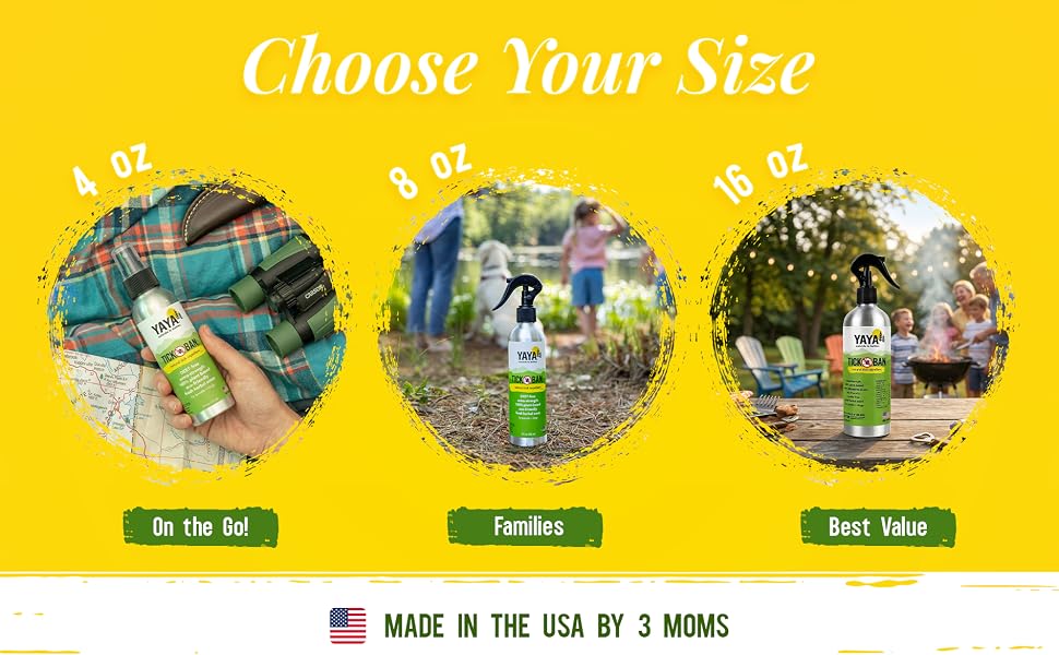 Tick Ban bug spray sizes: 4 oz on the go, 8 oz family, and 16 oz best value.