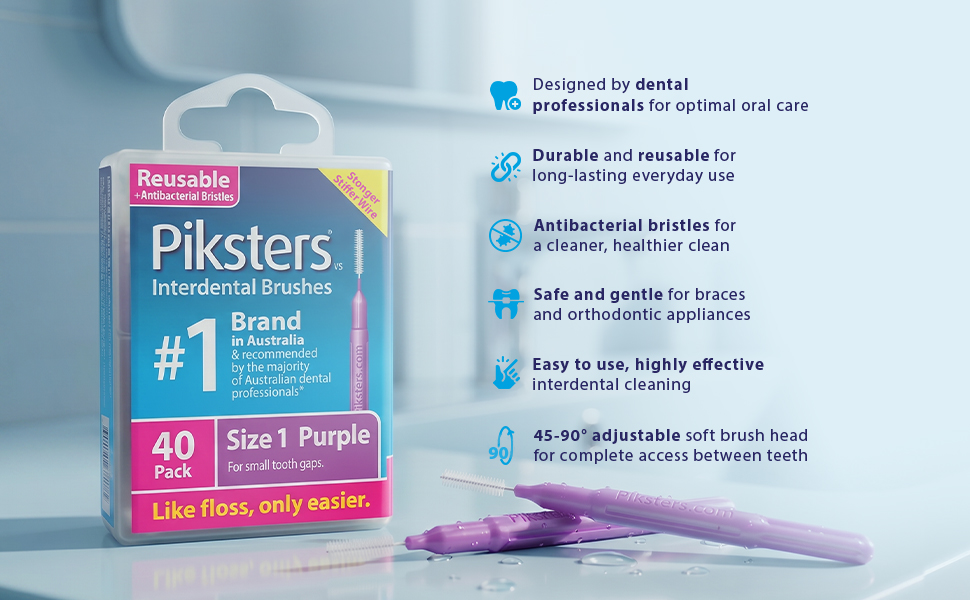 Text reads 'Piksters Interdental #1 40 Pieces' with blue checkmark logo and bullet points listing product benefits for oral care and professional dental use.