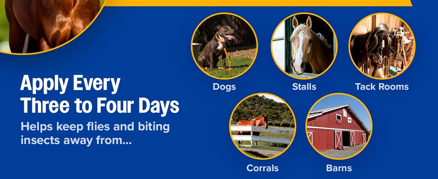 For dogs, horses, stalls, barns, tack rooms, and corrals to help keep flies and insects away