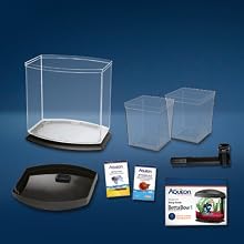 Aquarium starter kit components for Aqueon bettabow displayed on blue background