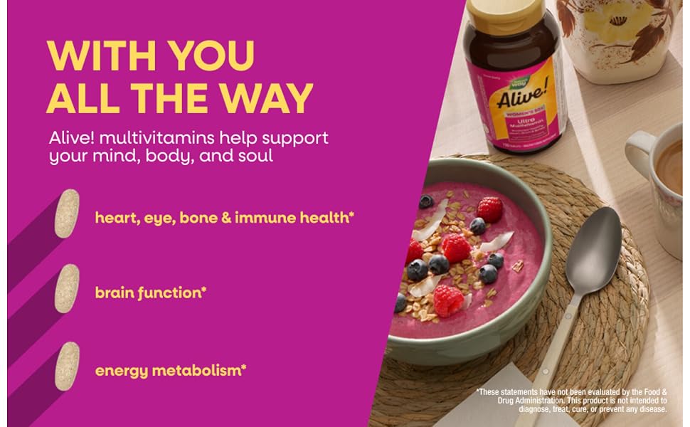 Bottle of Alive! Women's 50+ Ultra Multivitamins next to a smoothie bowl and cup of coffee