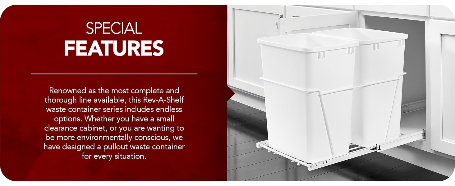 A metal bottom mount with dual waste containers. Text Reads: Special Features