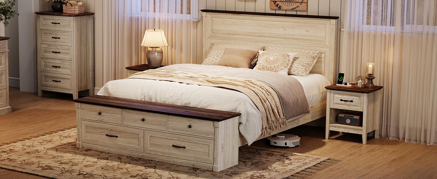 Queen Storage Bed Frame with Drawers Farmhouse Bed Frame Queen-Size with Headboard Footboard Bench