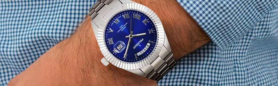 Men&amp;#39;s 40mm Blue Face Fluted Bezel Steel Bracelet Watch