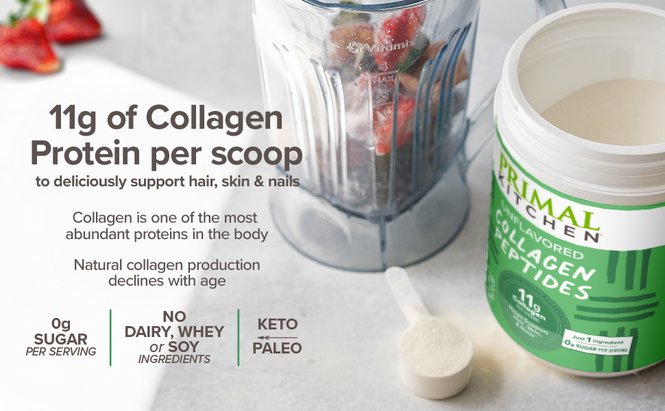 Primal Kitchen Collagen Peptides: 11g of collagen protein and 0g of sugar per scoop.