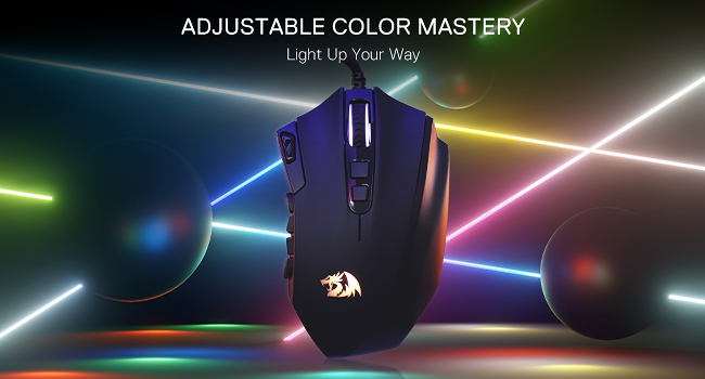Redragon M921 MMO mouse with adjustable RGB for gaming desks adds personalized color