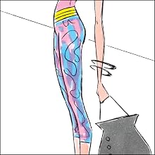 fashion illustration of woman in pink and blue leggings holding a large black purse