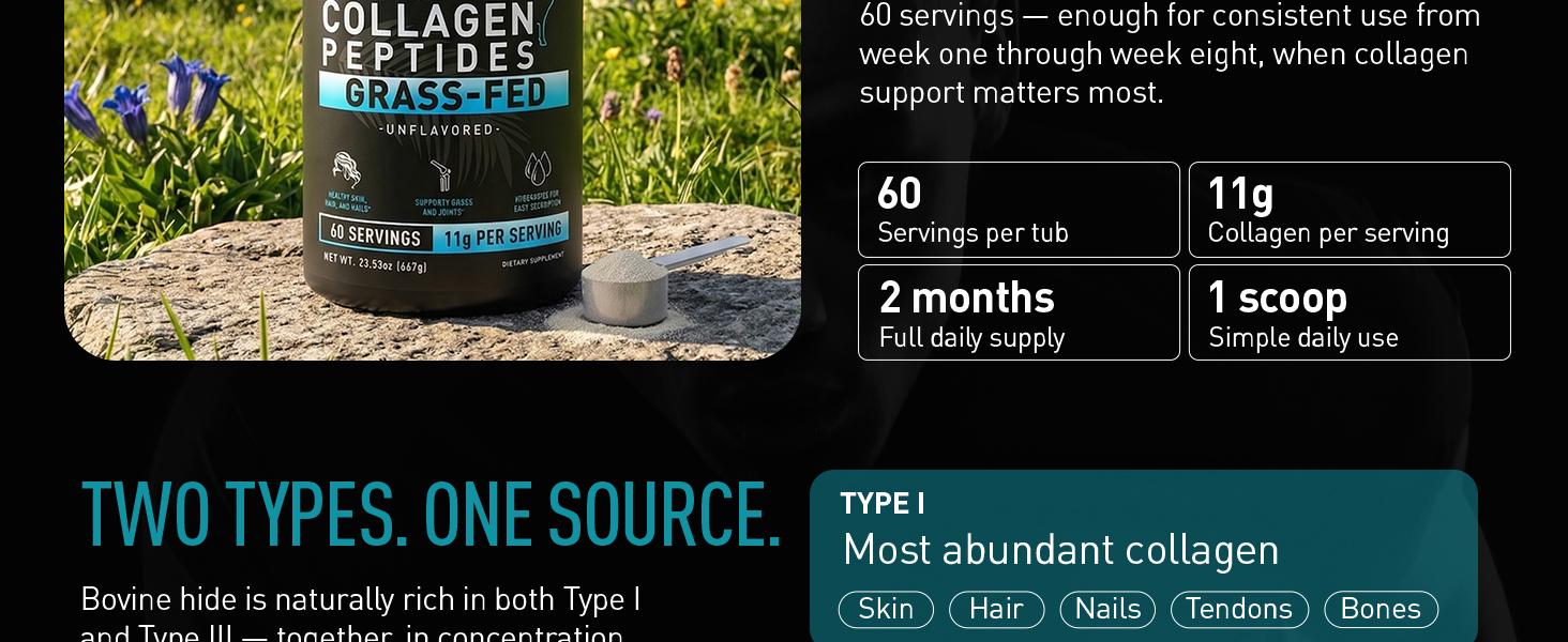 Hydrolyzed grass fed bovine collagen powder 60 servings unflavored for hair skin nails and joints