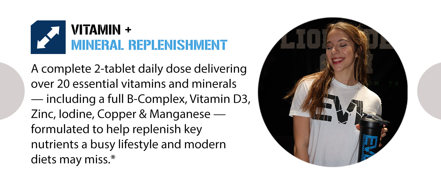 Female athlete holding EVL shaker. Vitamode vitamin and mineral replenishment, 2-tablet daily dose.*