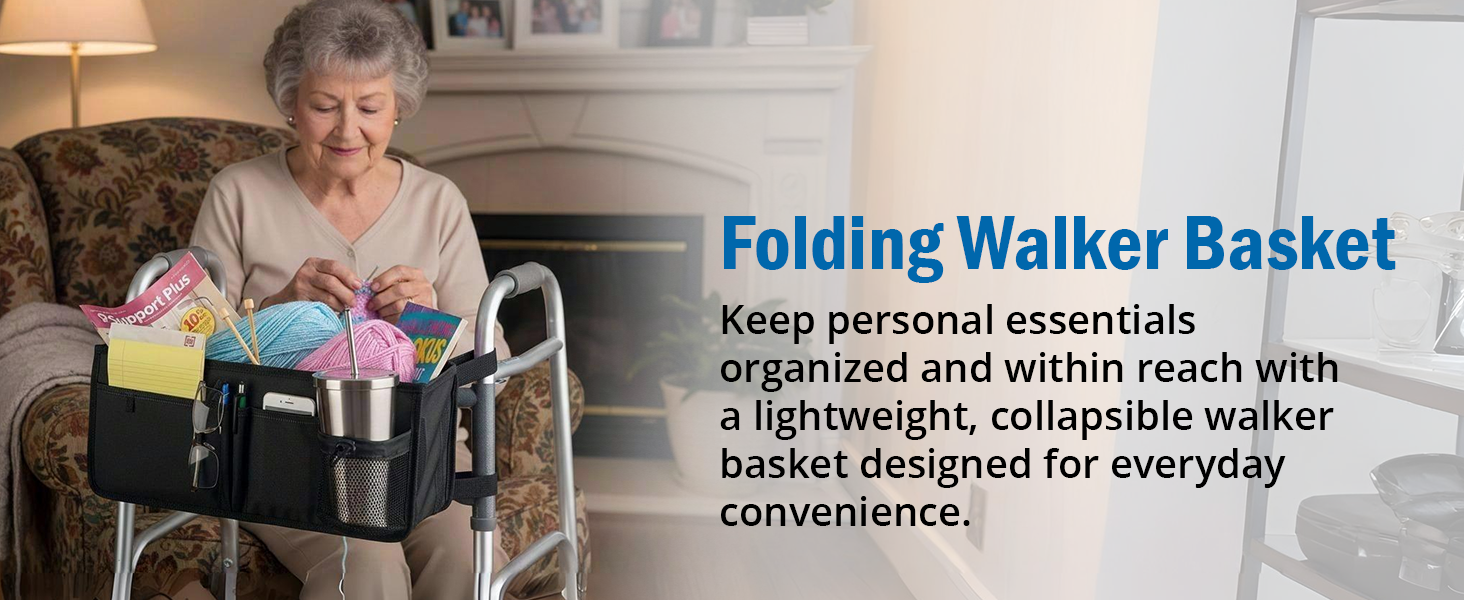 Folding walker basket lightweight collapsible keeps essentials organized