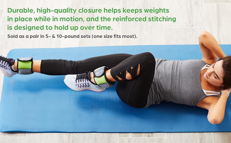 Woman performing floor exercises wearing Gaiam 5lb adjustable ankle weight with reinforced stitching
