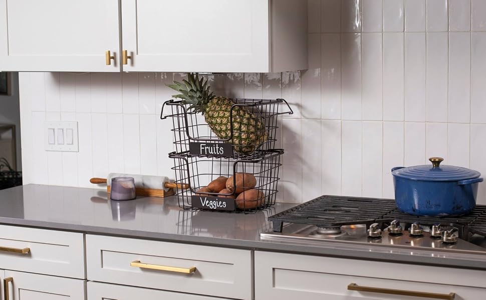 fruit basket stand, fruit basket, basket stand with chalk labels, kitchen organization, storage
