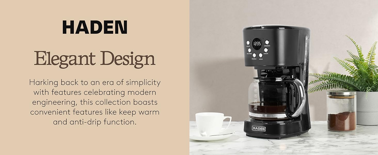 Text reads Elegant Design with lifestyle image of coffee machine.