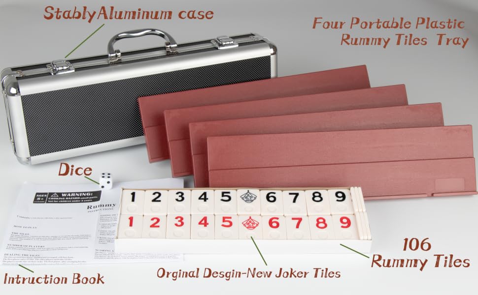 Rummy game set with aluminum case, plastic tile trays, 106 rummy tiles, dice, and instruction book. Components labeled for easy identification.