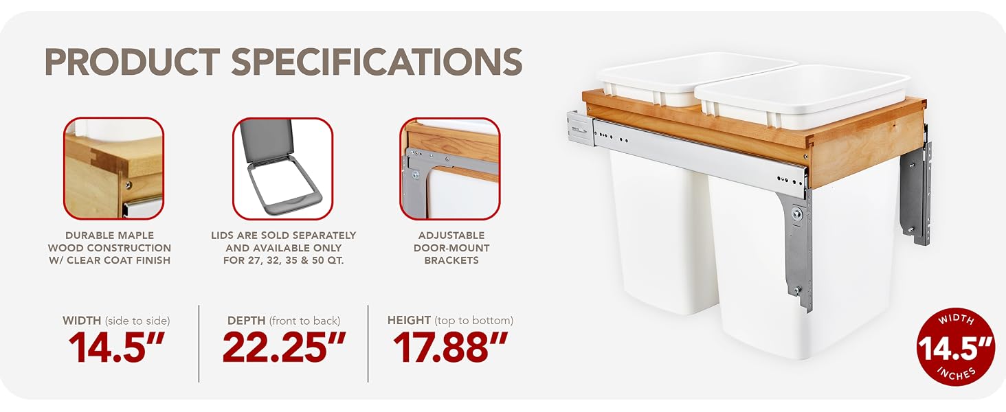 Dimensions of the double trash pullout kitchen containers. Text reads: Product Specifications.