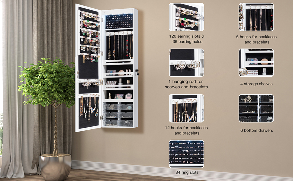 Lockable Jewelry Cabinet with Full Length Mirror and 6 Drawers,