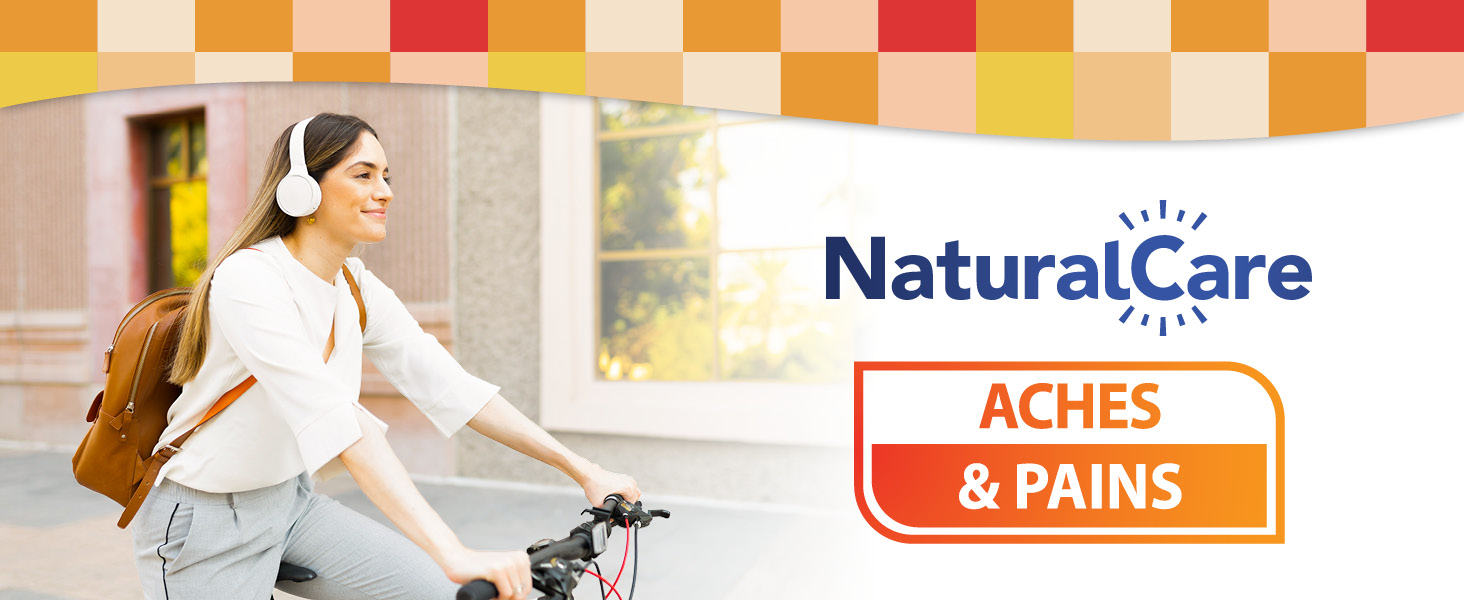 NaturalCare Aches &amp; Pain Support. A woman is smiling while riding a bike