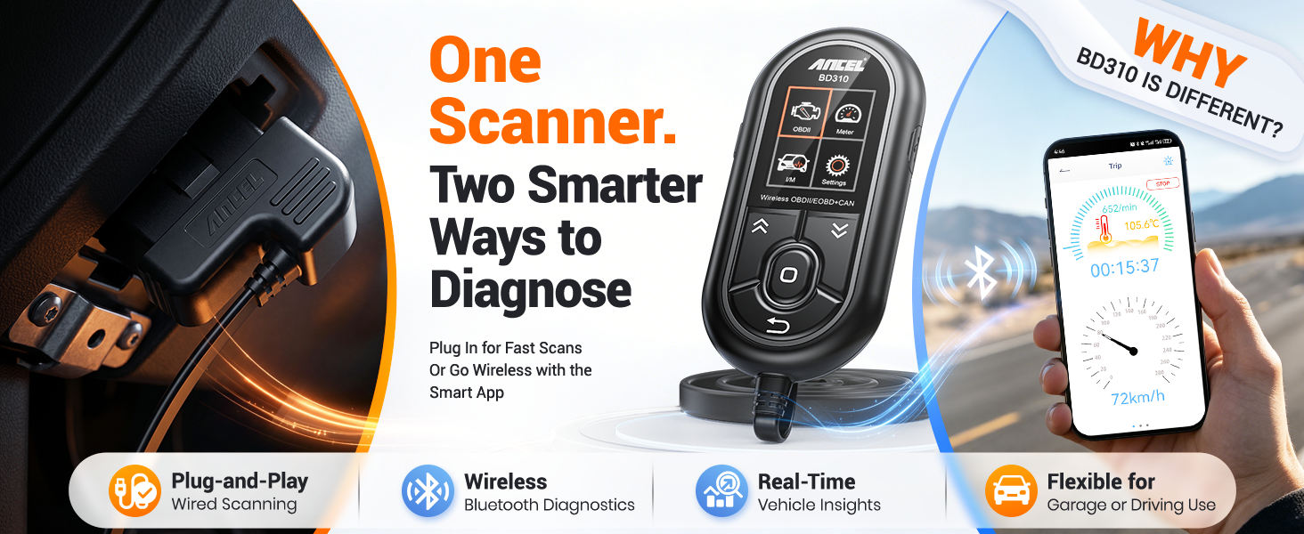 ANCEL BD310 OBD2 scanner with wired scanning, Bluetooth diagnostics, and smart app features.
