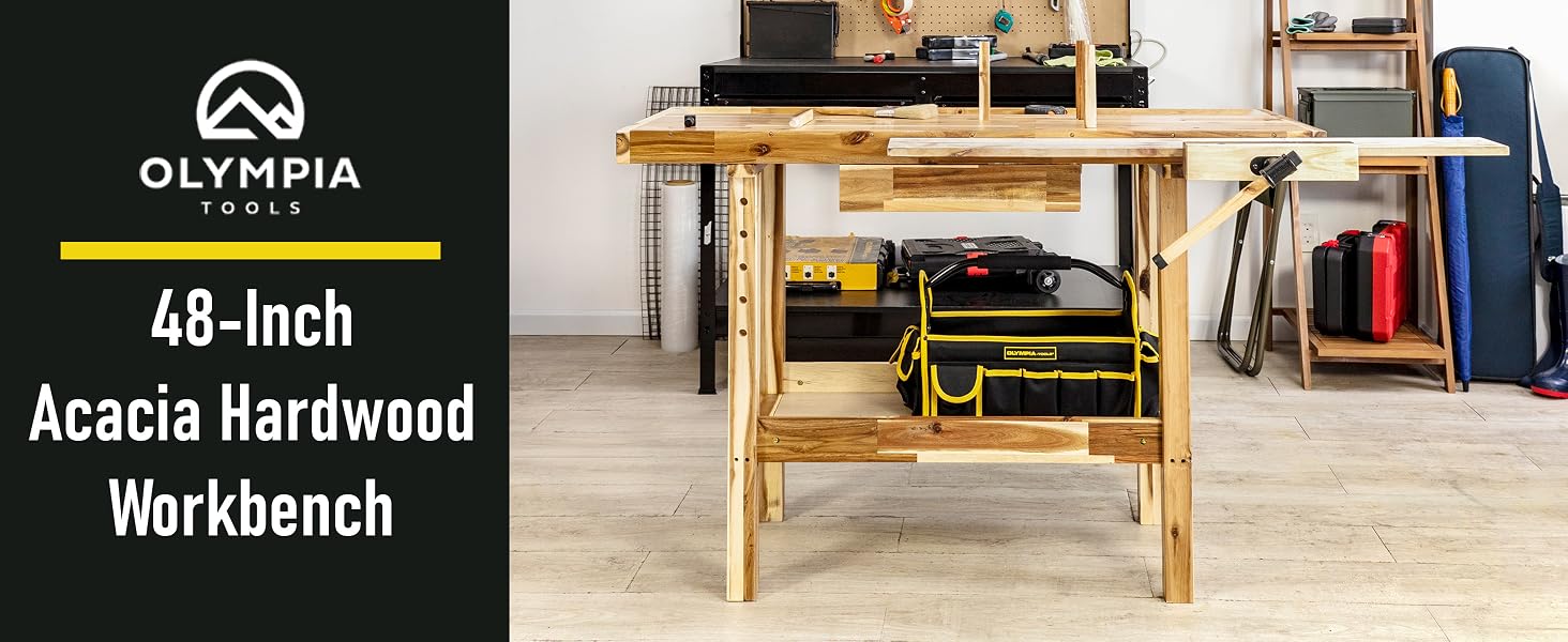 Olympia Tools 48-Inch Acacia Hardwood Portable Workbench with Drawer
